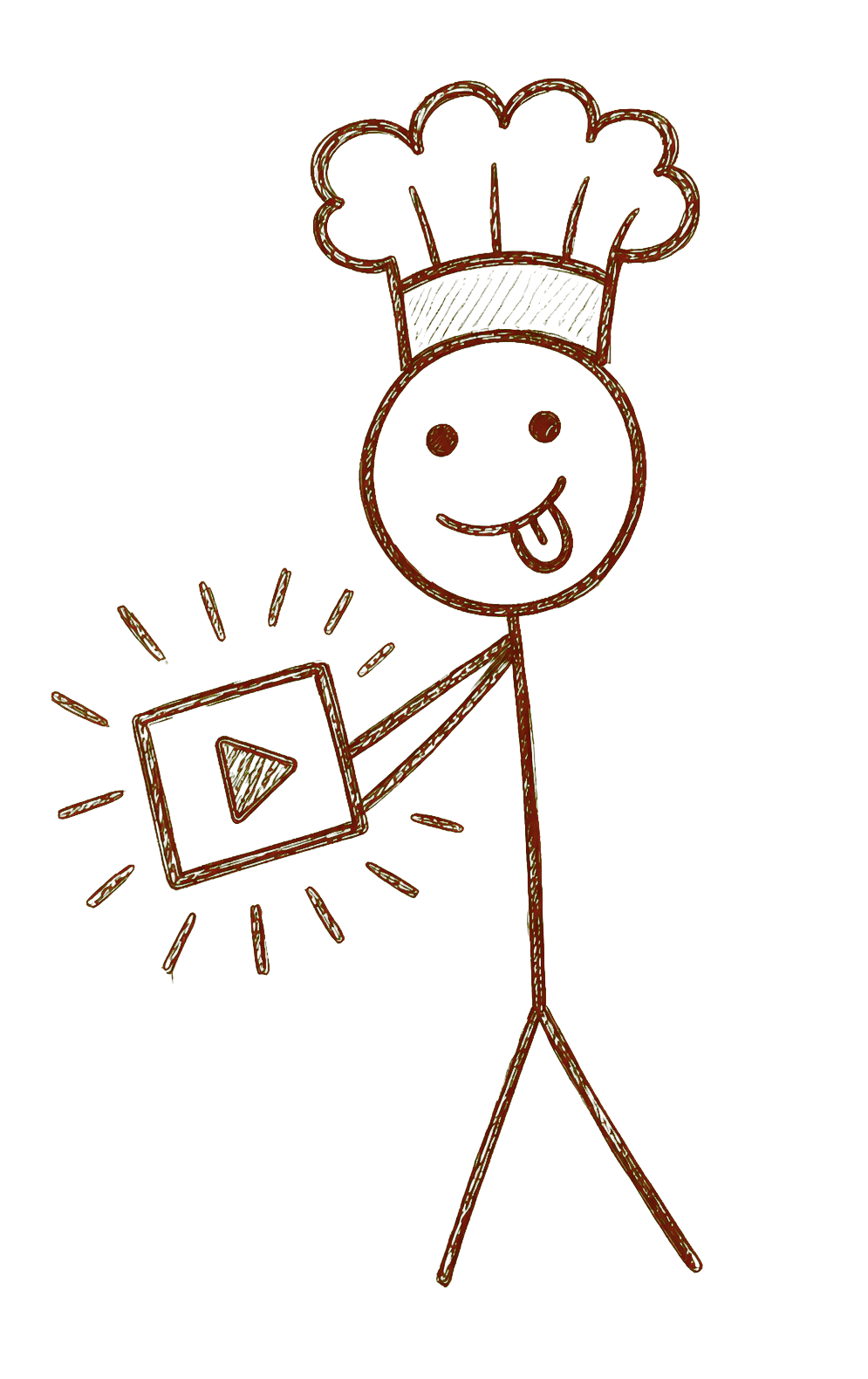 Hand-drawn chef presenting a play button